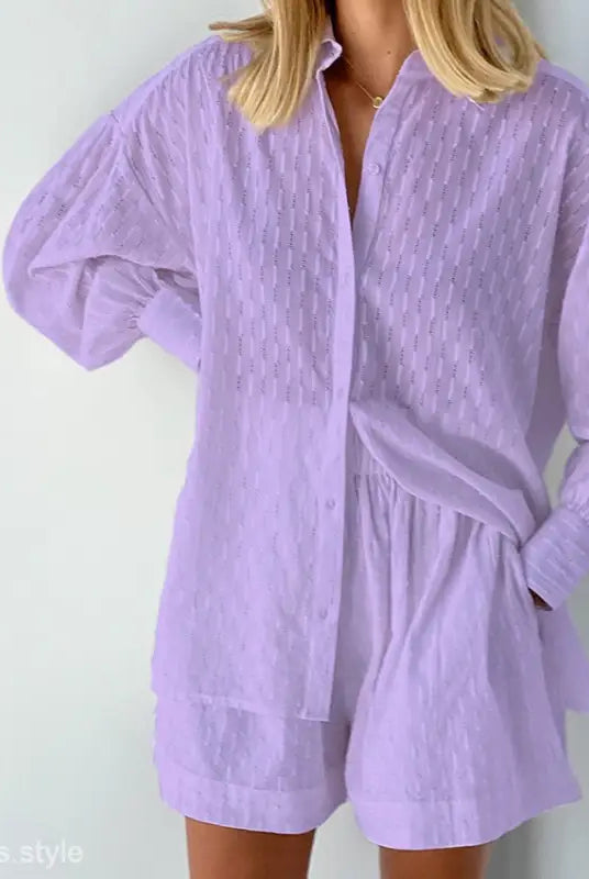 Lavender two-piece shirt and shorts office suit featuring elegant design for spring and fall