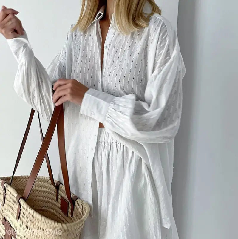 White textured shirt and shorts office suit featuring an elegant design for spring and fall