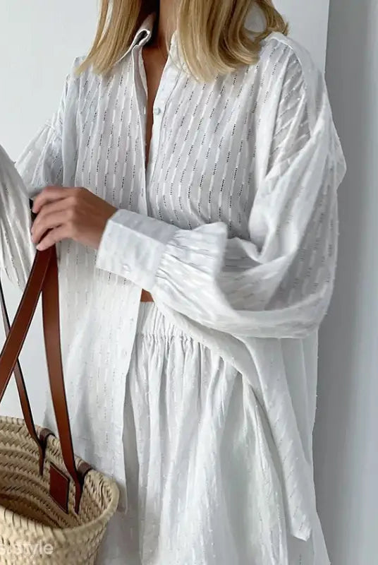 White textured shirt and shorts office suit featuring an elegant design for spring and fall