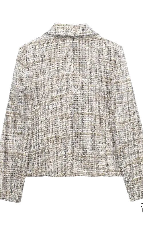 Elegant Loose Houndstooth Blazer in neutral tones with collar and long sleeves