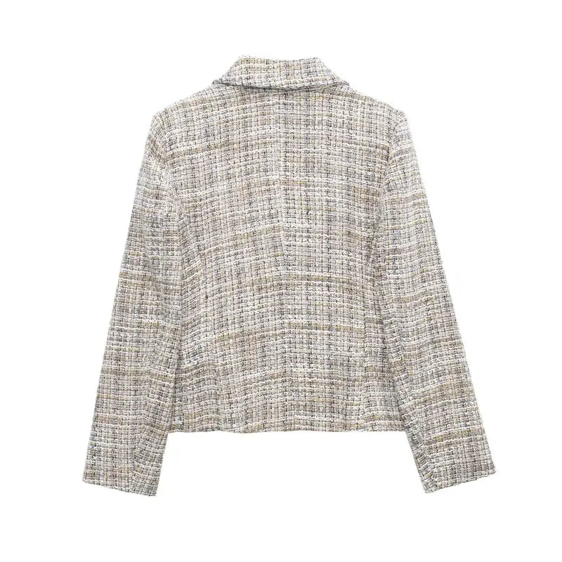 Elegant Loose Houndstooth Blazer in neutral tones with collar and long sleeves