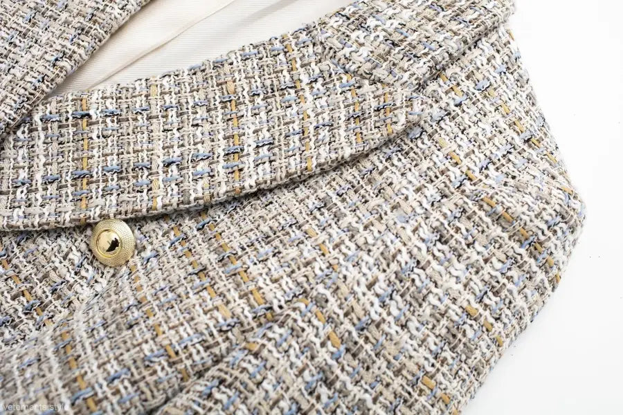 Elegant Loose Houndstooth Blazer featuring a lapel and gold button for stylish office wear