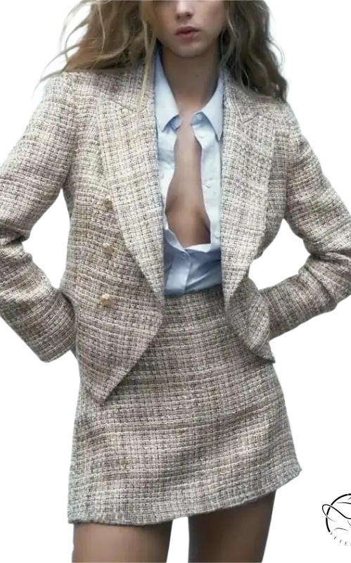 Elegant loose houndstooth blazer paired with a skirt and unbuttoned white shirt
