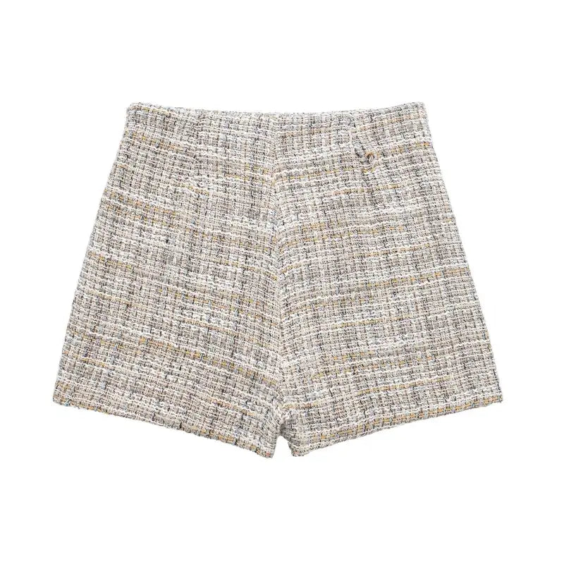 Light beige and white tweed-textured shorts paired with a Loose Houndstooth Blazer