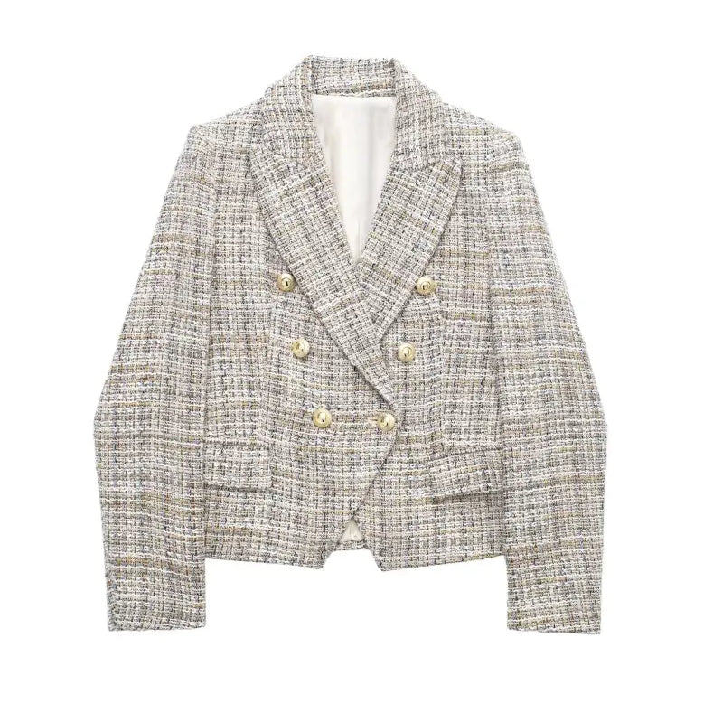 Tweed loose houndstooth blazer featuring double-breasted gold buttons in gray fabric
