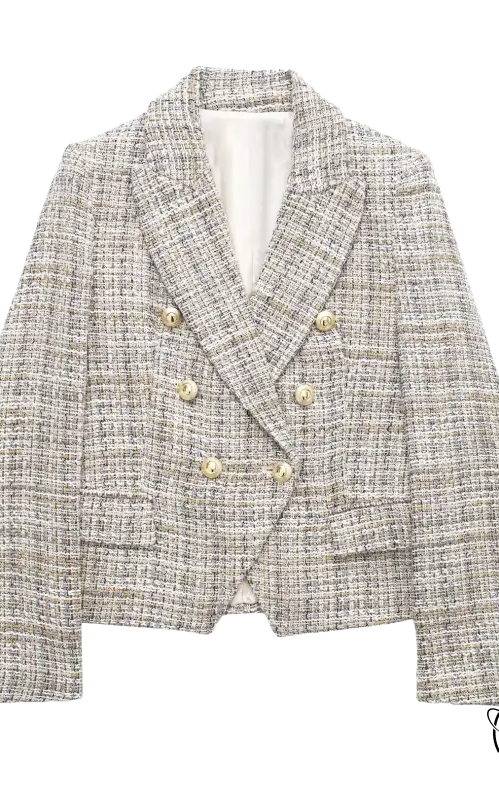 Tweed loose houndstooth blazer featuring double-breasted gold buttons in gray fabric