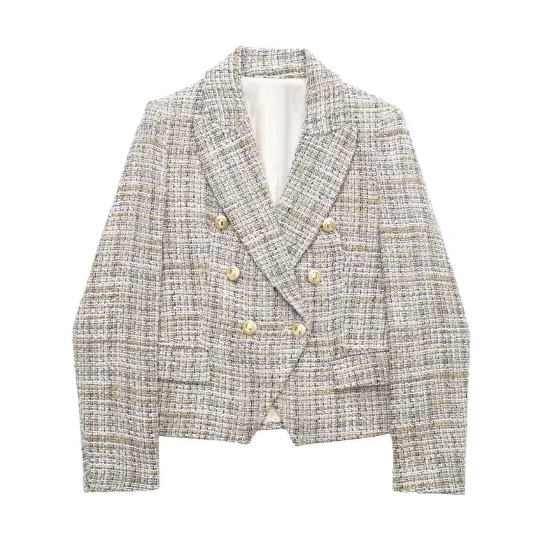 Tweed loose houndstooth blazer featuring double-breasted gold buttons in gray fabric