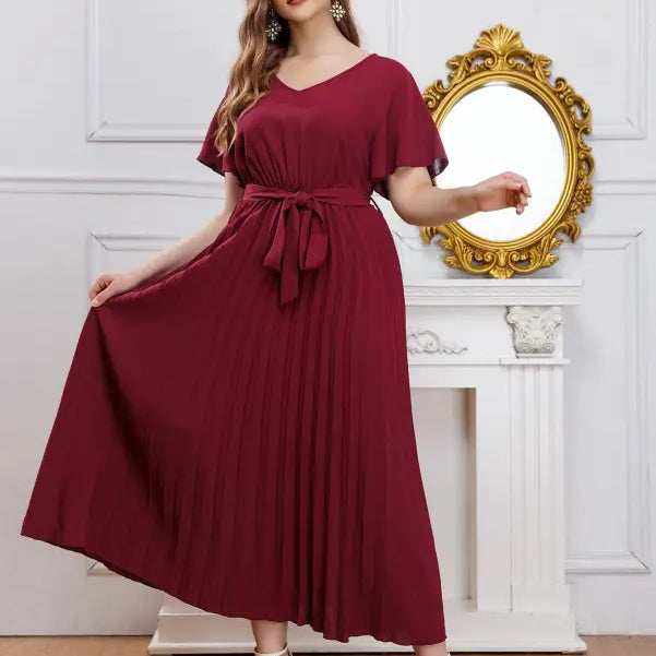 Elegant loose pleated dark red V-neck maxi dress with flutter sleeves and self-tie belt