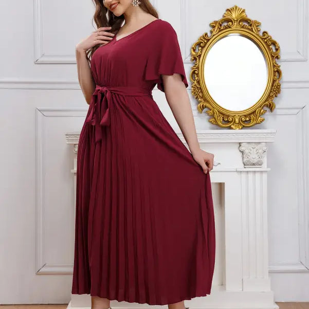 Elegant loose pleated maroon V-neck maxi dress with tie-waist and short sleeves