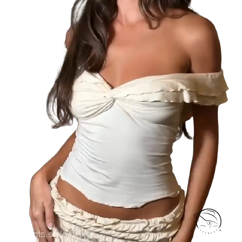 Off-shoulder white crop top in sexy French outdoor low cut short set