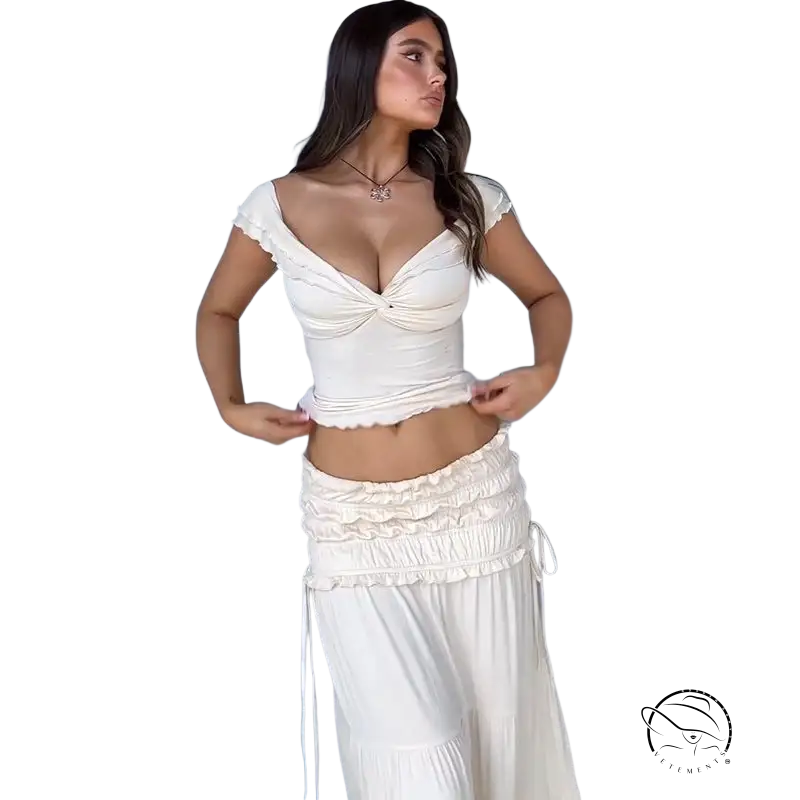 Woman in sexy French outdoor low cut short set with plunging neckline