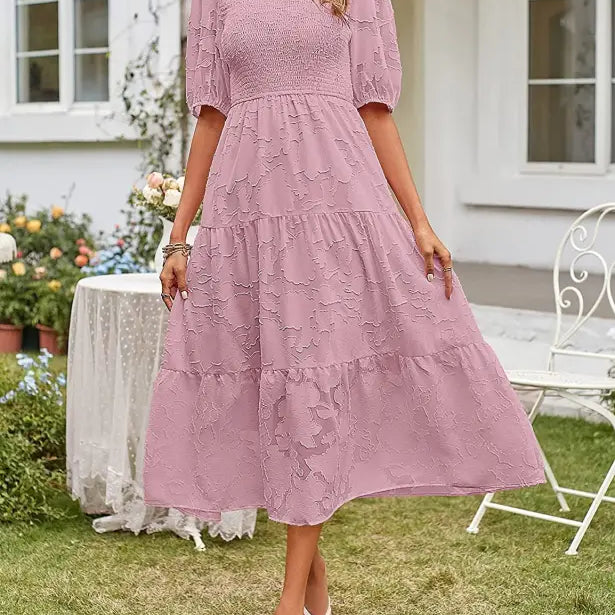 Elegant Maxi Dress with Pleated Puff Sleeve and Cutout Detail in pink tiered midi style