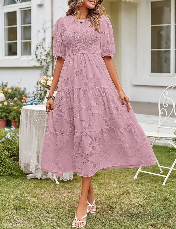 Elegant Maxi Dress with Pleated Puff Sleeve and Cutout Detail in pink tiered midi style