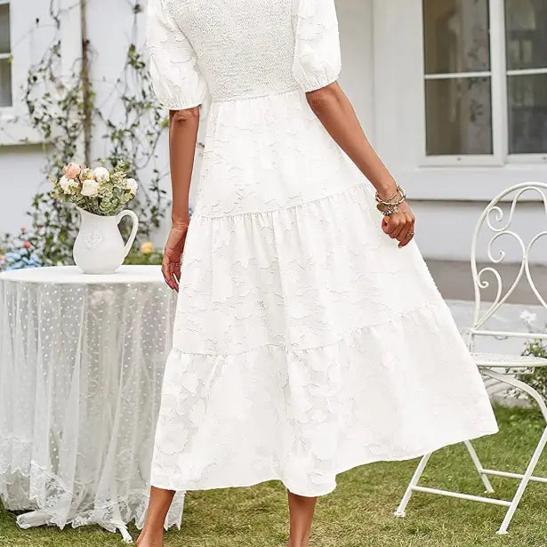 Elegant White Eyelet Midi Dress with Pleated Puff Sleeve and Cutout Detail