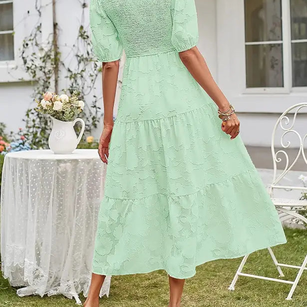 Elegant Mint Green Tiered Midi Dress with Pleated Puff Sleeve and Cutout Detail