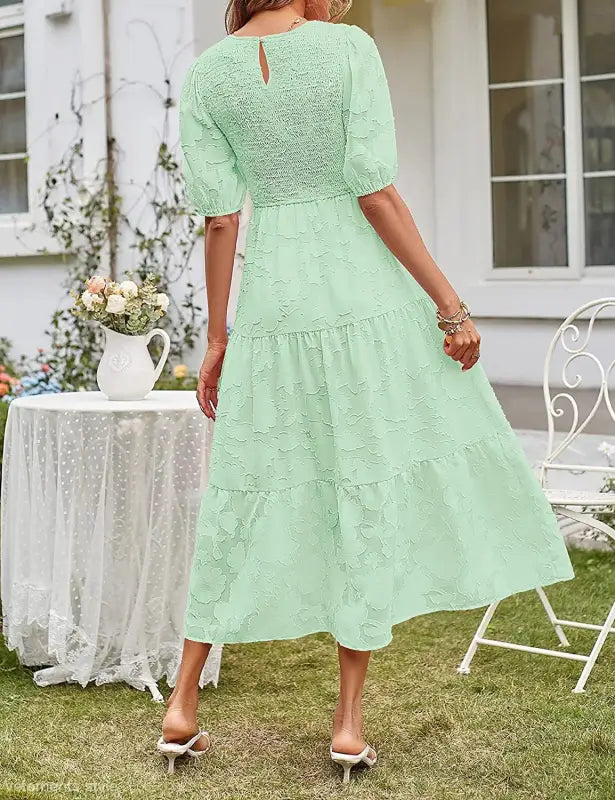 Elegant Mint Green Tiered Midi Dress with Pleated Puff Sleeve and Cutout Detail
