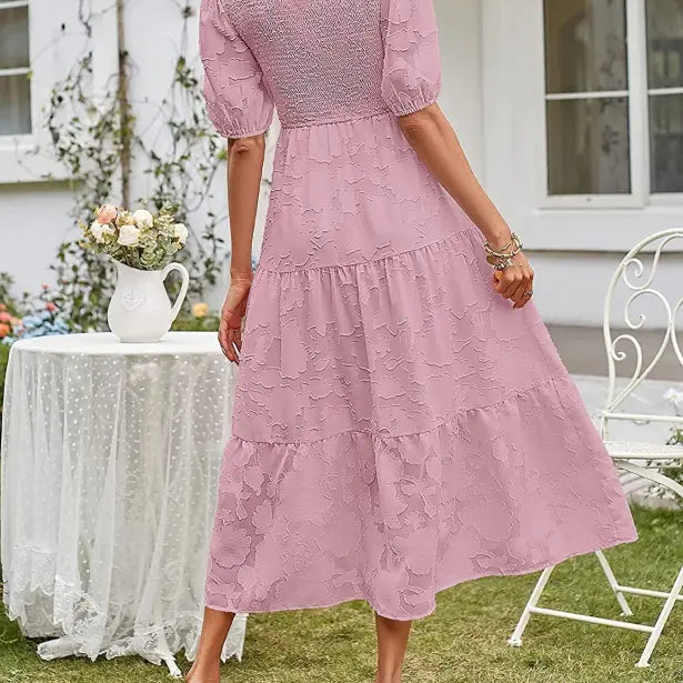 Elegant Pink Textured Midi Dress with Pleated Puff Sleeve and Cutout Detail