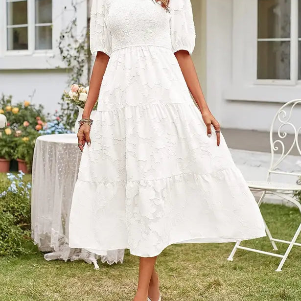 Elegant Maxi Dress with Pleated Puff Sleeve and Cutout Detail in white tiered midi design