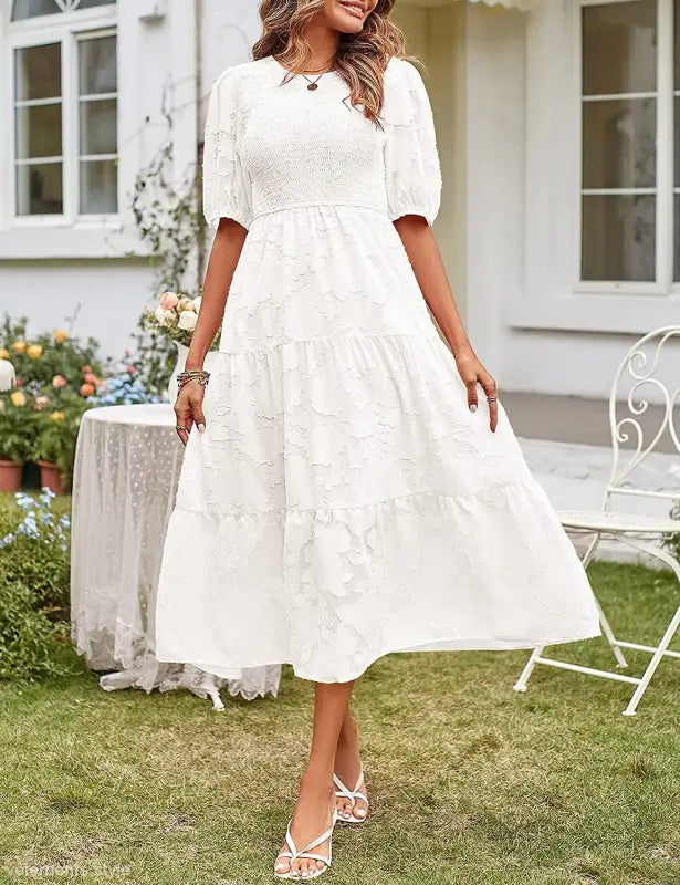 Elegant Maxi Dress with Pleated Puff Sleeve and Cutout Detail in white tiered midi design