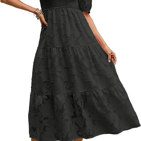 Elegant Black Tiered Midi Dress with Pleated Puff Sleeve and Cutout Detail