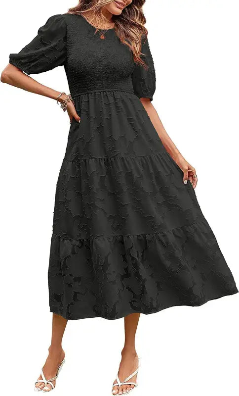 Elegant Black Tiered Midi Dress with Pleated Puff Sleeve and Cutout Detail