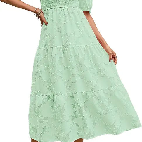 Elegant Maxi Dress with Pleated Puff Sleeve in Mint Green Tiered Midi Style