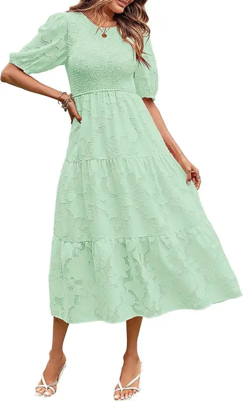 Elegant Maxi Dress with Pleated Puff Sleeve in Mint Green Tiered Midi Style