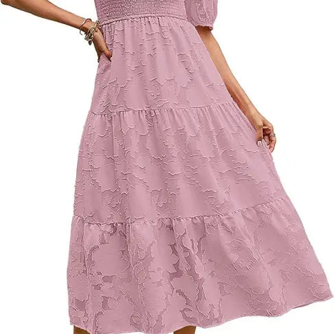 Pink tiered midi dress featuring pleated puff sleeves and elegant cutout detail