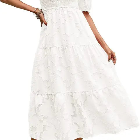 Elegant Maxi Dress with Pleated Puff Sleeve and Cutout Detail in white tiered design