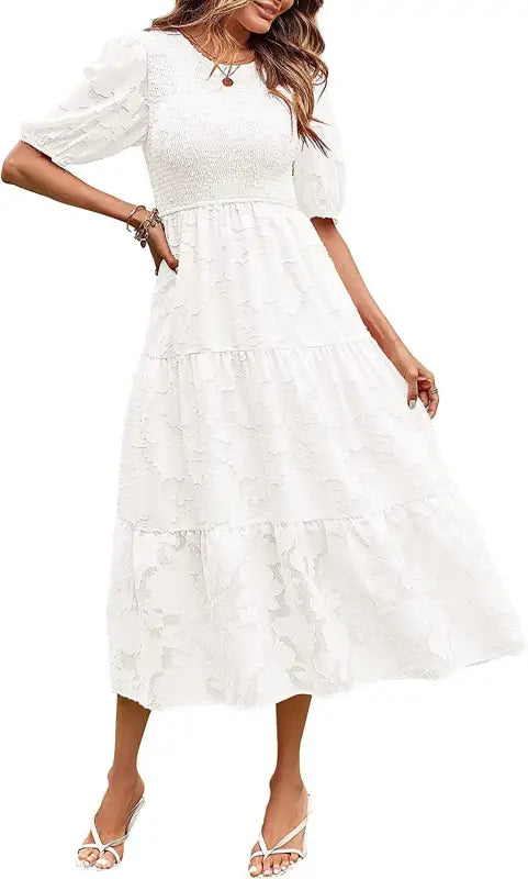 Elegant Maxi Dress with Pleated Puff Sleeve and Cutout Detail in white tiered design