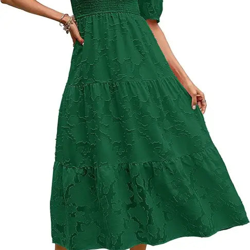 Green Elegant Maxi Dress with Pleated Puff Sleeve and Cutout Detail for stylish appeal