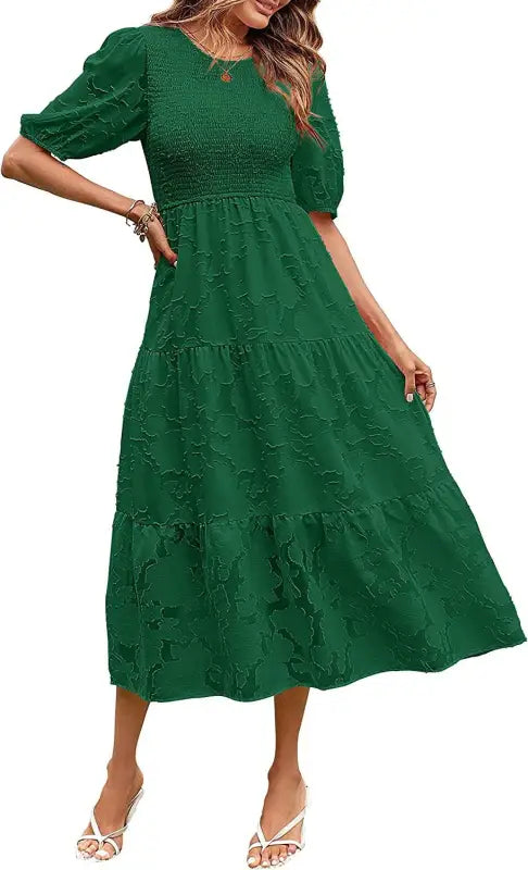 Green Elegant Maxi Dress with Pleated Puff Sleeve and Cutout Detail for stylish appeal