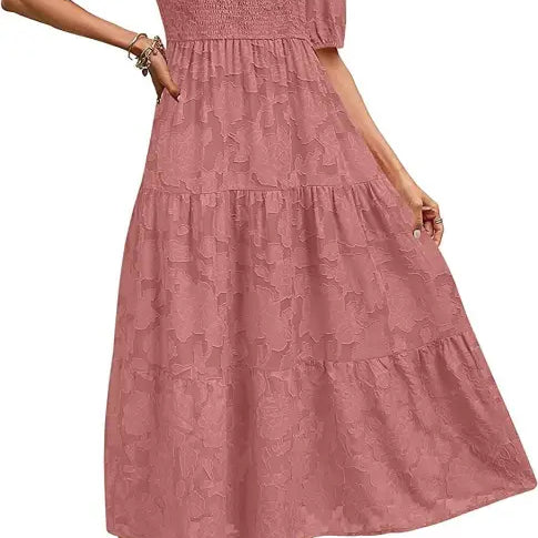 Elegant Maxi Dress featuring Pink Tiered Midi Design with Pleated Puff Sleeve