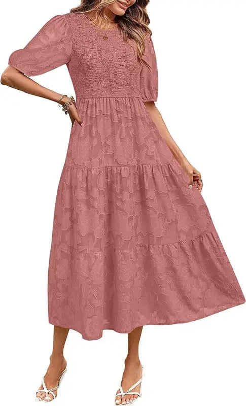 Elegant Maxi Dress featuring Pink Tiered Midi Design with Pleated Puff Sleeve