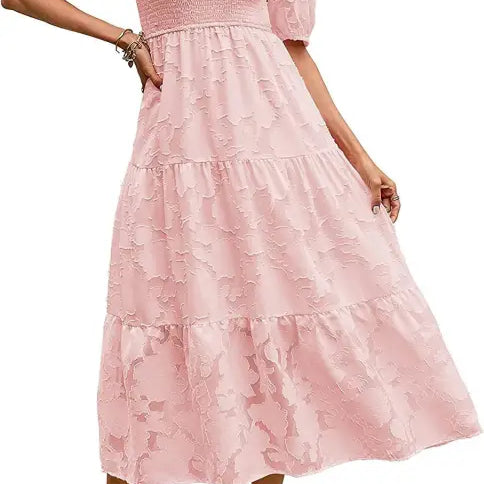 Pink tiered midi dress featuring pleated puff sleeve and stylish cutout detail