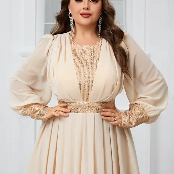 Elegant cream evening gown with sequined details and flowing sleeves for elegant party dress