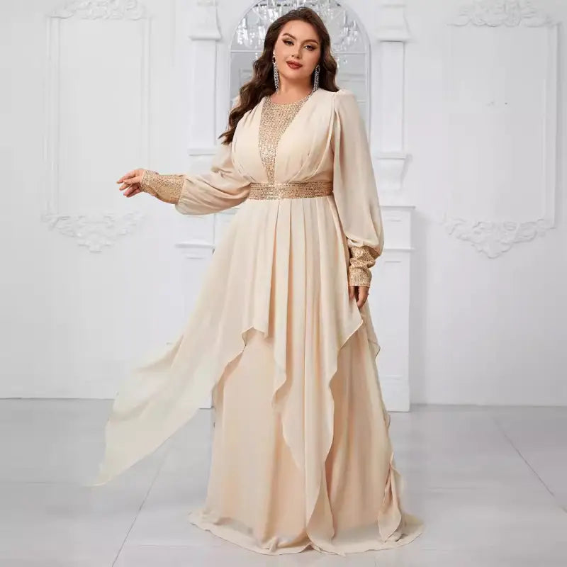 Elegant cream evening gown with lace bodice and ruffles for elegant party dress events