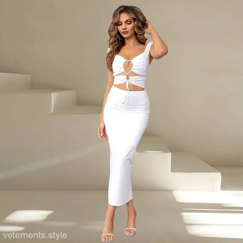 White two-piece silk dress made of milk silk with split V-neck and cutout details
