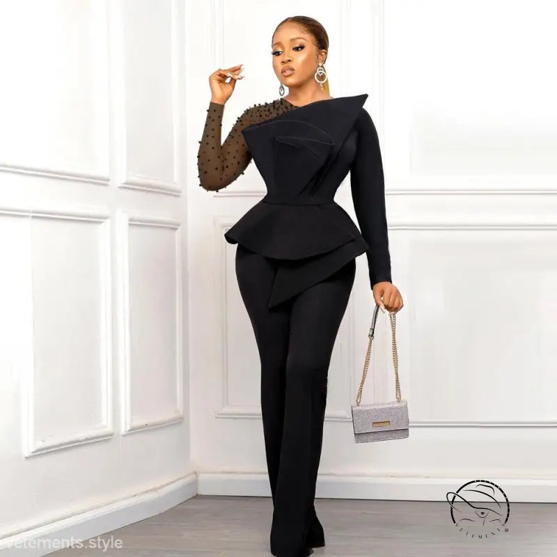 Elegant black peplum mesh beaded jumpsuit