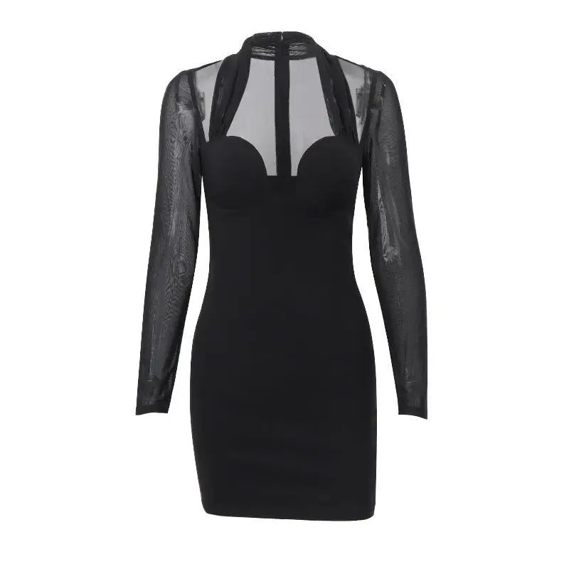Elegant black mesh dress with sheer long sleeves and high neck for high-class parties