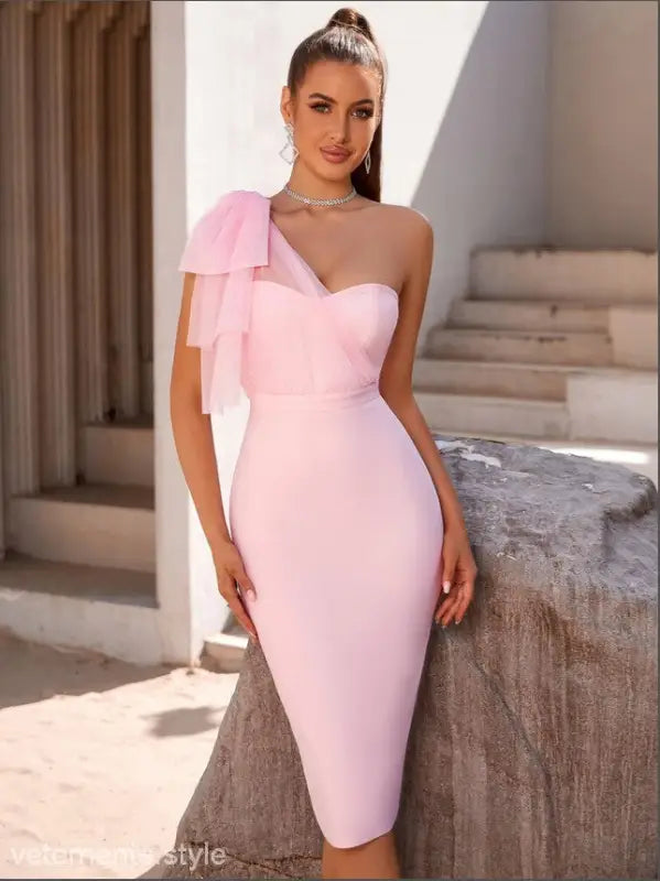 Pink one-shoulder bandage dress showcasing sexy mesh fishtail and asymmetric lace detailing