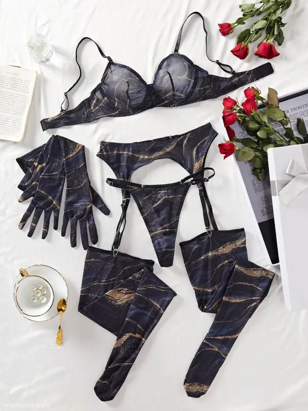 Elegant black marble print lingerie set with lace trim, gloves, stockings