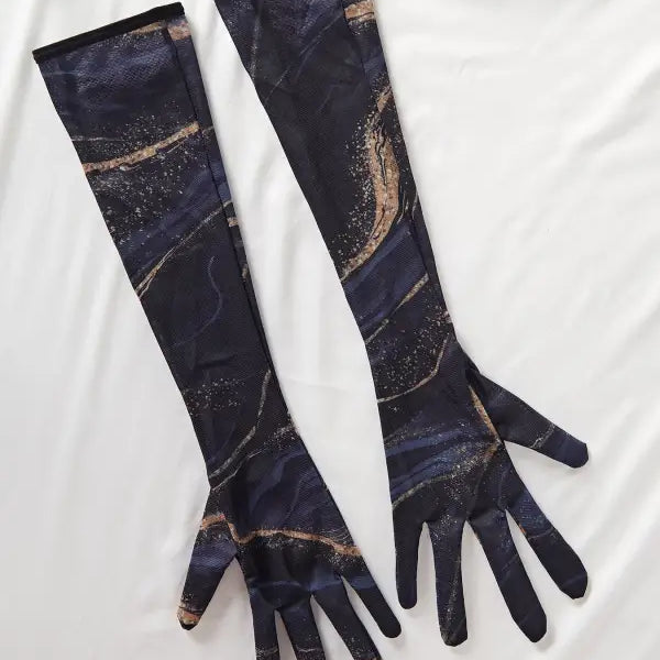 Navy blue gold marbled stretchy long gloves in sexy comfortable lingerie set