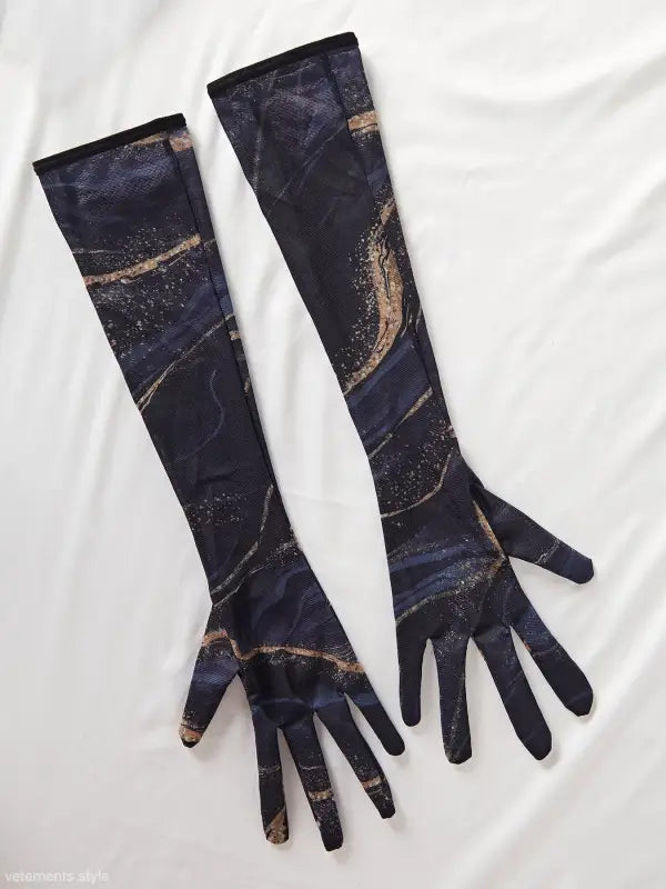 Navy blue gold marbled stretchy long gloves in sexy comfortable lingerie set