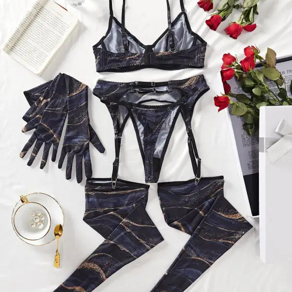 Black and gray marbled lingerie set with gloves
