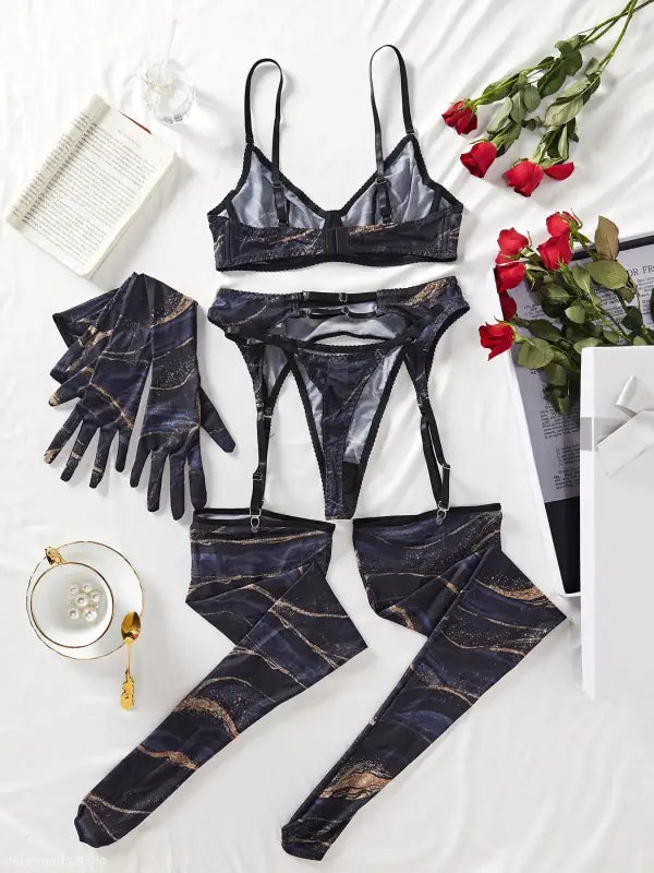 Black and gray marbled lingerie set with gloves