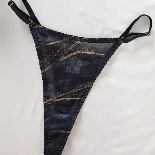 Black lace thong with gold accents in sexy comfortable lingerie set