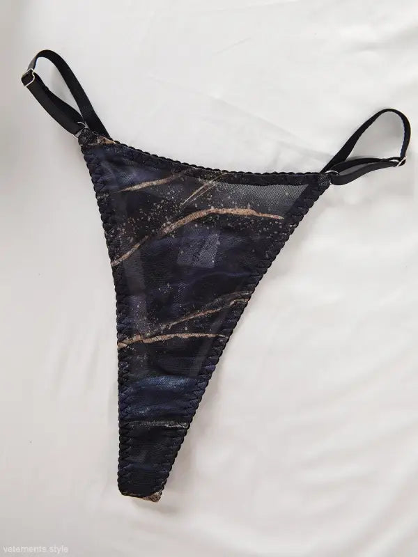 Black lace thong with gold accents in sexy comfortable lingerie set