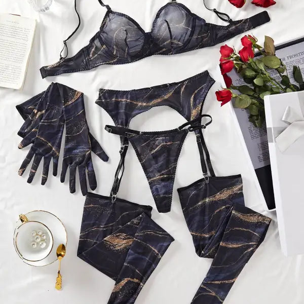 Elegant black marble print lingerie set with lace trim, gloves, stockings