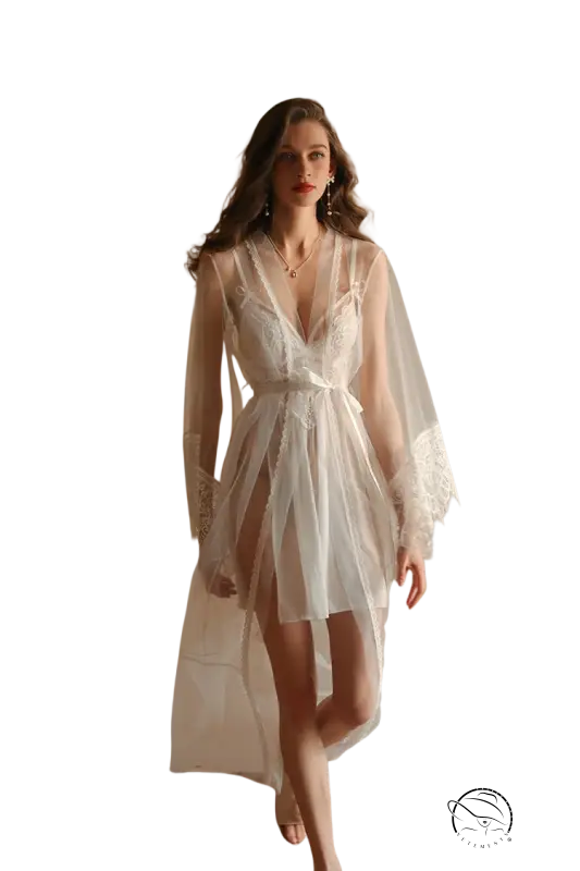 Sheer white lace robe in elegant luxury nightdress